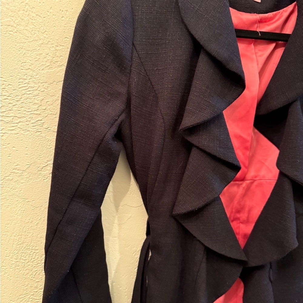 Lilly Pulitzer Ruffle Black Trench Coat with Pink Lining - Picture 3 of 16
